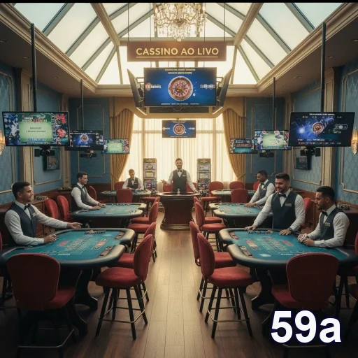 Ambiente de cassino ao vivo da 59a com mesas e dealers.