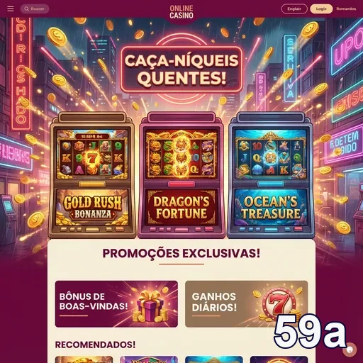 Tela do site 59a exibindo slots como Gold Rush e Dragon's Fortune.